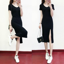 Korean version V-neck short-sleeved dress womens summer new modal large size slim slim sexy high split skirt