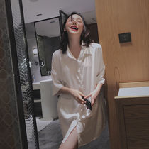 2021 New ice silk nightgown female spring and autumn sexy boyfriend wind shirt pajamas can wear home clothes in summer