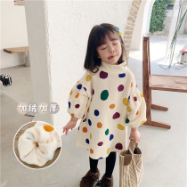 Girls polka dress plus velvet 2021 autumn and winter New skirt Korean version of female baby foreign atmosphere thick sweater skirt