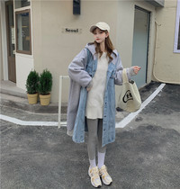 Pregnant womens coat spring and autumn belly wearing casual hooded denim splicing sweater Korean version of loose medium and long windbreaker