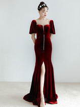 Toast dress bride 2021 new wine red noble and elegant thin long velvet fishtail wedding evening dress female