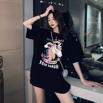 2022 Spring New style Joker Rainbow Unicorn Print Top Women Loose Medium Long Short Sleeve T-Shirt Tide