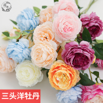 Simulation of 3 heads of foreign peony wedding plastic bouquet simulation of fake peony European silk flower Brazilian rose wedding layout