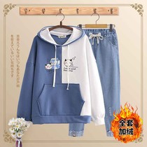 Junior high school students autumn and winter clothing two-piece thick loose sweater set girl College Style plus velvet hoodie suit