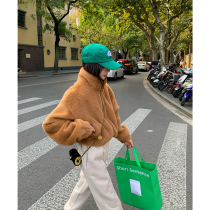 MUJINLU curry short lamb coat womens high neck plus velvet autumn and winter 2021 New loose plush coat