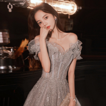Stunning evening gown dresses dress with a shoulder bridesmaid High sense Light extravaganza High-end Host Banquet Temperament Birthday