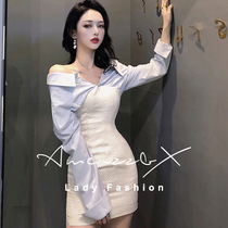Sexy style stitching shirt dress female 2021 spring new temperament elegant goddess fan light luxury hip short skirt
