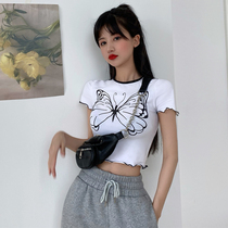 Shit navel short top summer new wooden ear butterfly print design sense niche white short sleeve t-shirt women