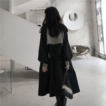 Black Windcoat Jacket Woman 2022 New spring and autumn in the middle of a small child casual student Grand coat High feeling relaxed