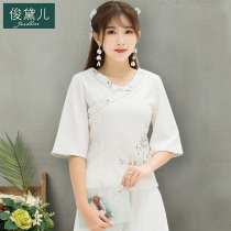 National Chinese womens girl Tang suit improved cheongsam jacket literary Hanfu embroidered ear cotton linen two-piece set