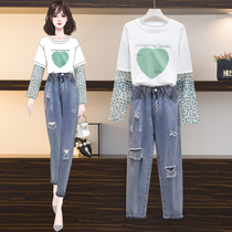 2021 new summer net red salt department fried street college style T-shirt jeans two-piece suit foreign style age reduction and thin