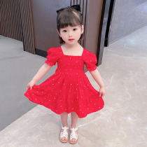 2021 girls summer dress little girl Korean princess skirt foreign air backless skirt baby red bubble sleeve skirt
