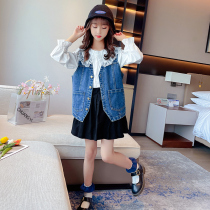 2022 net red waistcoat girl foreign air trendy denim waistcoat big child spring outside wearing childrens vest spring and autumn kampa shoulder