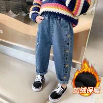 Girl Jeans 2022 Autumn Winter New Middle Children Korean Version Integrated Suede Fashion Long Pants Children Plus Suede Pants Tide