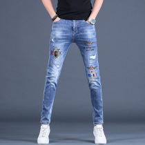 Spring and autumn jeans mens slim feet stretch pants Korean trend high-end embroidery casual trousers flagship store