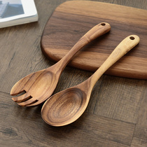  Japanese-style wooden spoon and fork set Solid wood large wooden spoon wooden fork Log salad spoon fork noodle fork spoon