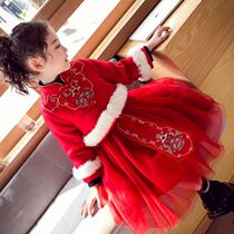 Girl dress autumn and winter 2021 new little girl foreign style princess dress children Chinese style hanfu plus velvet skirt