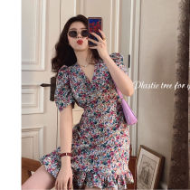 Ptree summer new thin V-neck floral dress French vintage floral waist V-neck dress short-sleeved short-sleeved short-sleeved short-sleeved short-sleeved short-sleeved short-sleeved