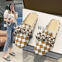 2022 new square head half-to-single shoes female spring Korean version plaid braided Baotou Half slippers outside wearing flat Müller shoes