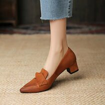 Brown Fasted Single Shoe Woman Custard Coarse Heel Small Leather Shoes Commute Temperament Low Heel Real Soft Leather Shoes