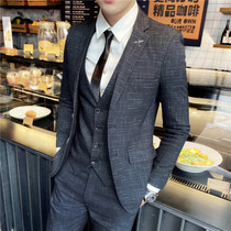 Suit suit mens jacket Korean spring and autumn casual slim-fitting plaid formal wedding dress suit three-piece suit