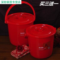 Moving red rice bucket round with lid food grade plastic large capacity large 40kg thick household rice tank