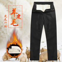  Winter fur all-in-one pants Mens wool mens pants middle-aged and elderly cotton pants high waist loose plus velvet thickened warm pants