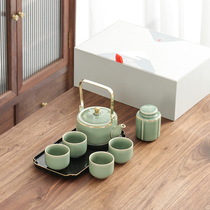 Nordic tea set set Household light luxury living room beam pot set High-end office simple ceramic afternoon tea celadon