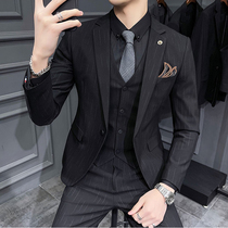 Large-size suit suit mens three-piece Korean slim casual striped jacket groom wedding dress