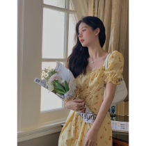 Chiffon floral dress medium long 2021 summer French first love bellflower skirt Lace-up waist bubble sleeve skirt