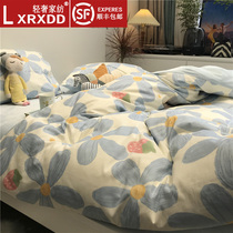 LXRXDD American pastoral milk velvet four-piece winter double-sided A- side cotton cotton B- side baby velvet quilt cover