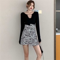 Autumn suit women zebra pattern irregular skirt fashion hollow chain long-sleeved T-shirt Western style two-piece set tide