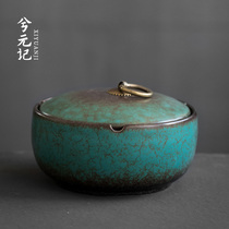Retro Japanese peacock green ashtray ceramic home living room office ashtray with cover creative personality anti-flying ash