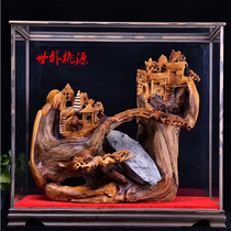 Taihang cliff cypress old material landscape bouldering landscape flowers and birds animals Maitreya character root carving home decoration glass frame