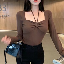 Autumn 2021 new design sense niche lace hanging neck T-shirt female slim long sleeve base shirt hot girl ins top
