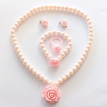 Korean childrens pearl necklace set girl rose necklace ring ear clip Princess baby jewelry