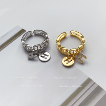 Diamond-set round card letter h thick chain hollow opening ring Korean personality ring Simple fashion index finger ring for women
