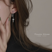 Korean version of S925 silver pin chain tassel earrings female retro hip hop cross earrings creative ins earrings tide