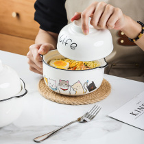 Japan-style Bubble Noodle Bowl ceramic with cover lunch box Students Dormitory Tableware Bowl chopsticks suit Guys sleeping room Single rice bowl