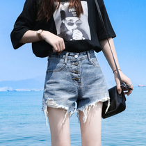 Summer high waist loose thin a word wild broken hole wide leg hot pants irregular burred denim super shorts womens tide