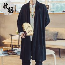 Chinese style mens ancient style cotton hemp Han suit cloak spring and autumn loose size medium long windbreaker Zen clothing robe gown