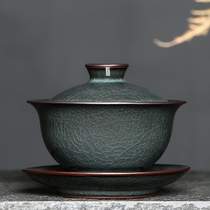 Celadon Sansai Gaiwan Teacup large single Longquan Kiln Brother kiln iron tire ice crack Handmade Kung Fu tea set is not hot