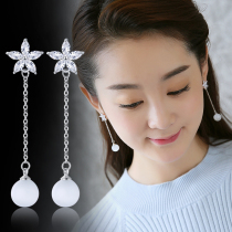 s925 sterling silver cats eye tassel earrings long temperament Korean crystal earrings fashion all-match earrings