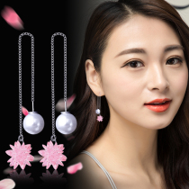 Pearl long crystal tassel eardrop s925 Sterling Silver Ice Flower EAR thread Joker temperament Korea snowflake pendant earrings