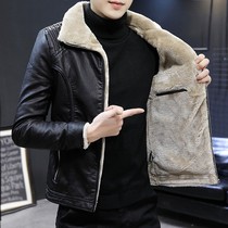 Leather leather clothing mens autumn and winter New Korean slim fur warm leather jacket trend plus velvet short fashion brand coat