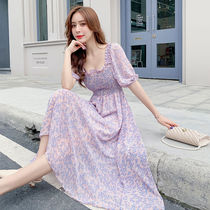 Floral chiffon dress popular womens 2021 summer new womens temperament high waist thin square collar mid-length dress