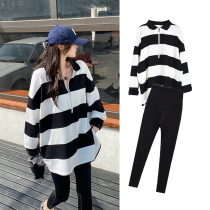 Pregnant women's clothing plus fat plus size long sleeve T-shirt spring and autumn net red POLO collar striped thin suit two-piece set 200kg