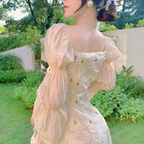2021 new French retro flared sleeve fairy skirt high waist thin gentle temperament medium-long dress female