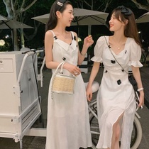 (Lining)bow dress female best friend skirt summer new French bubble sleeve first love waist thin skirt