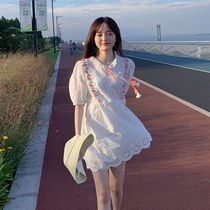 Summer 2021 new small fresh super fairy forest hollow lace lace waist thin short-sleeved dress children